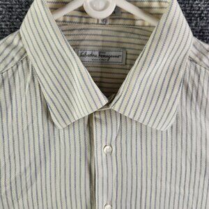 Salvatore Ferragamo R 16.5 Italy Made Ivory Blue Striped Long Sleeve Button Up